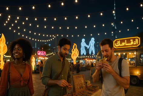 Visitors browse a vendor stall and eat food at a lively outdoor night market illuminated by warm string lights and neon signs.