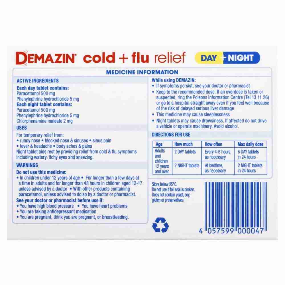 Demazin Cold & Flu Relief Day + Night 24 Tablets - Image 4