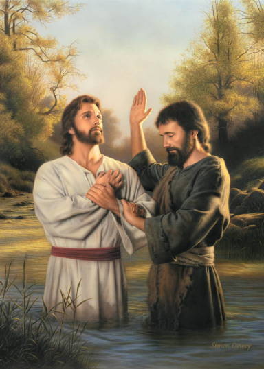 Jesus being baptized by John. 