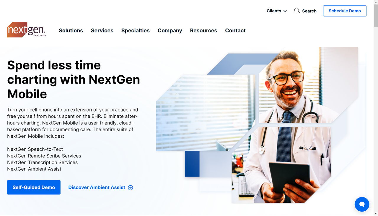 Screenshot of NextGen's website landing page, an AI scribe