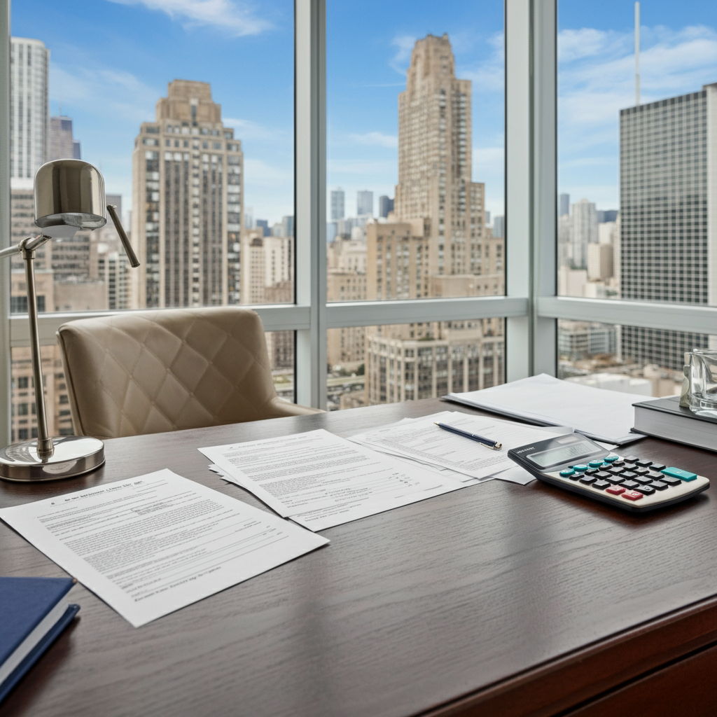 A sophisticated home office in a Gold Coast condominium with large windows overlooking the Chicago skyline. On an elegant desk sits tax preparation documents, property records showing years of tax payments, and a calculator displaying capital gains calculations for a recently sold luxury unit.