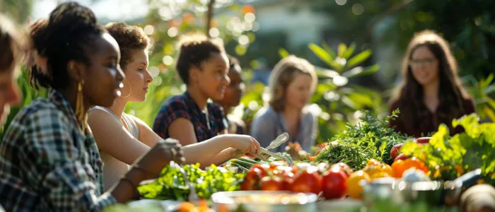 Enthusiastic crowd learning from a dietitian at a sunny outdoor cooking workshop