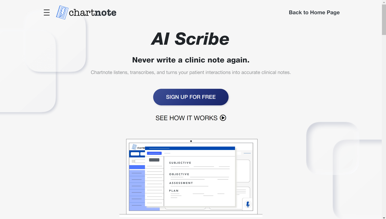 Screenshot of ChartNote's website landing page, an AI scribe