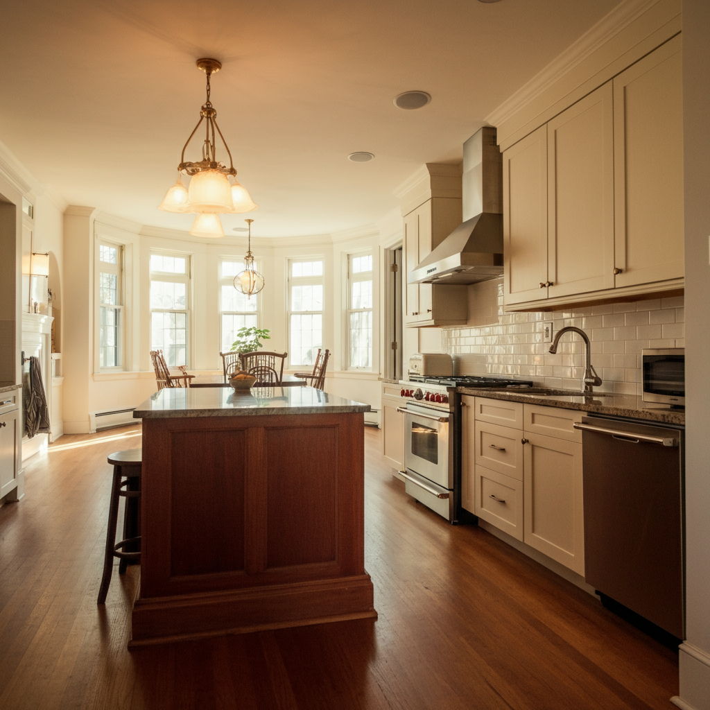 A photographic style image of An elegant open-concept kitchen and living area in a renovated Lafayette home, featuring modern amenities while preserving original architectural details. Natural light streams through large windows, highlighting the space's perfect blend of character and contemporary design. high focus, sharp, lots of bright light, extra bright, highly detailed, high quality, dslr, film grain, fujifilm XT3, RAW photo, RAW candid cinema, color graded porta 400, depth of field, hyper realistic, natural-looking, expressive, textured skin, texture, 8k, photorealistic