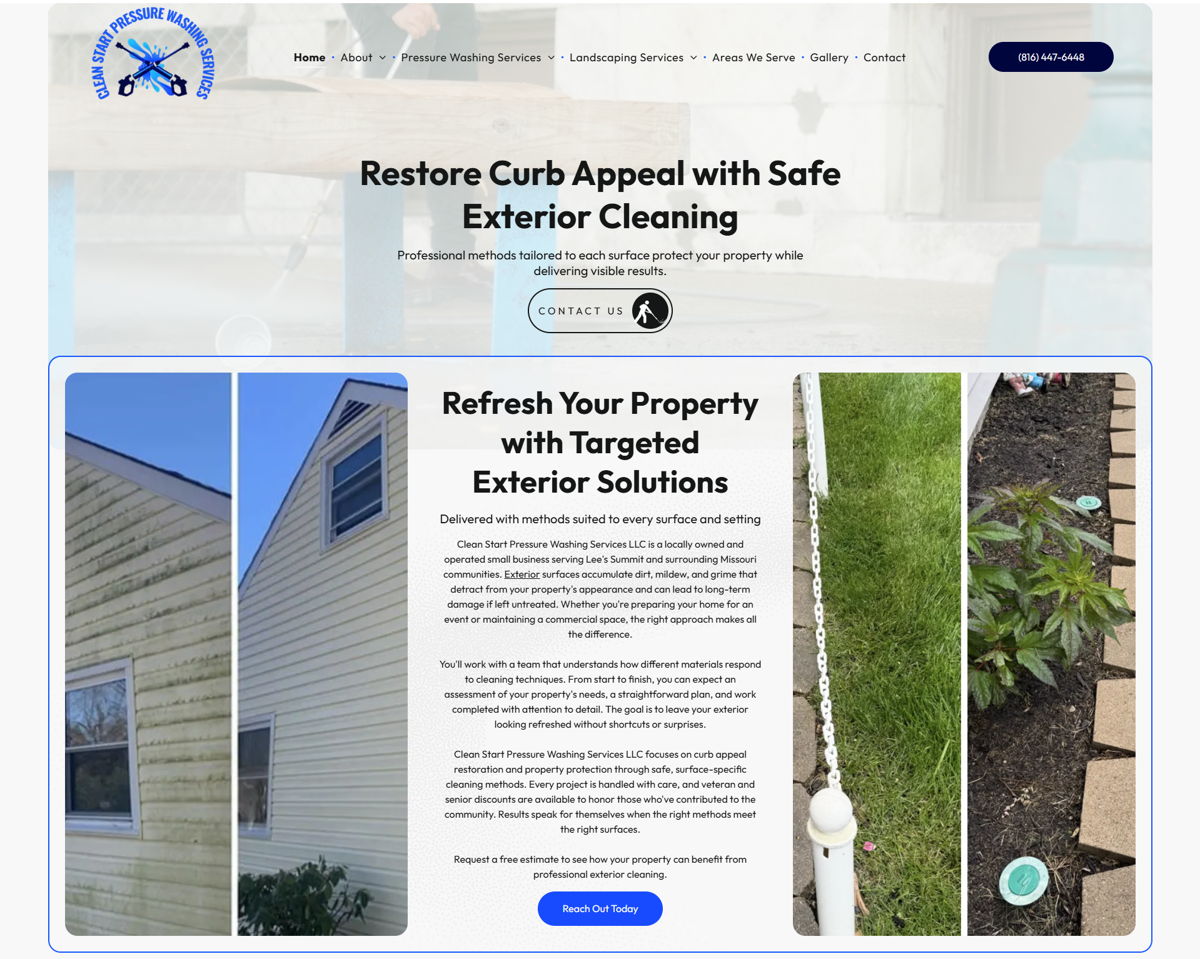 Screenshot of Clean Start Pressure Washing Services, from the pressure washing websites collection.