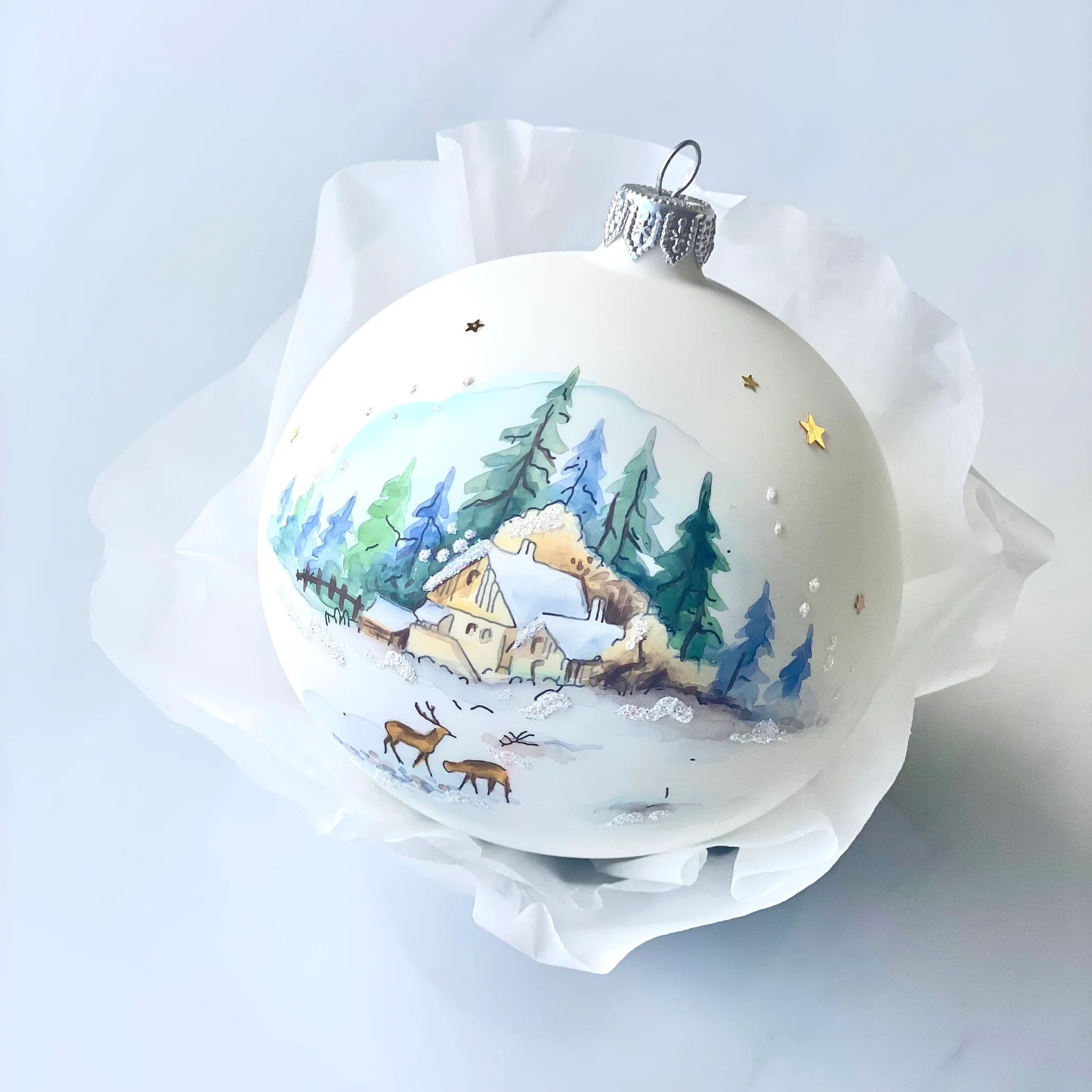 100mm White petite village scene hand painted bauble