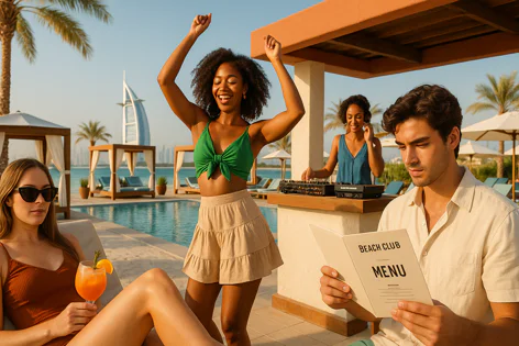 People enjoy a vibrant day at a beach club pool with the Burj Al Arab visible. Guests relax, dance to a DJ, and read the menu.