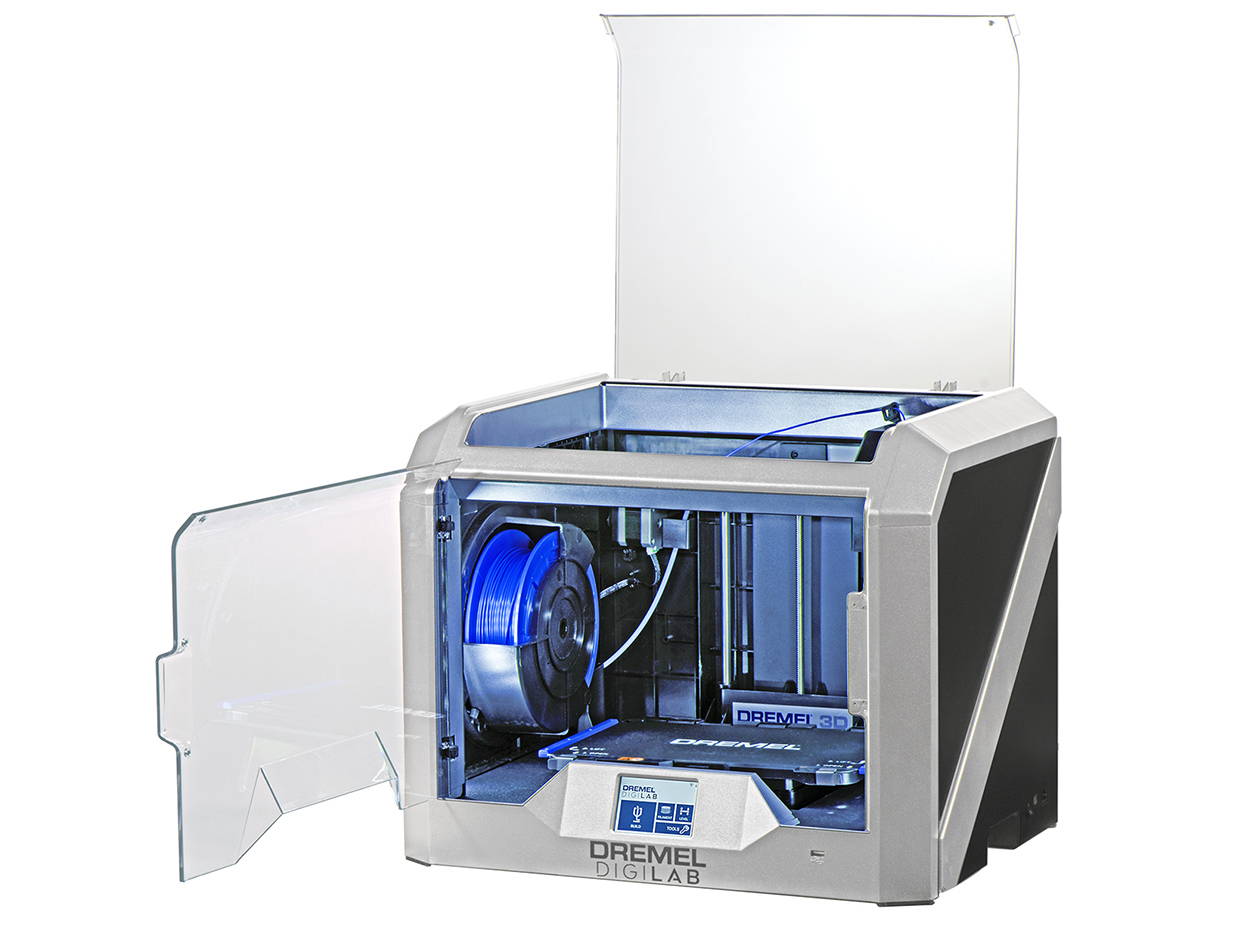 Three quarter angle image of a Dremel 3D40-FLX 3D printer with both top and front clear panel doors opened.