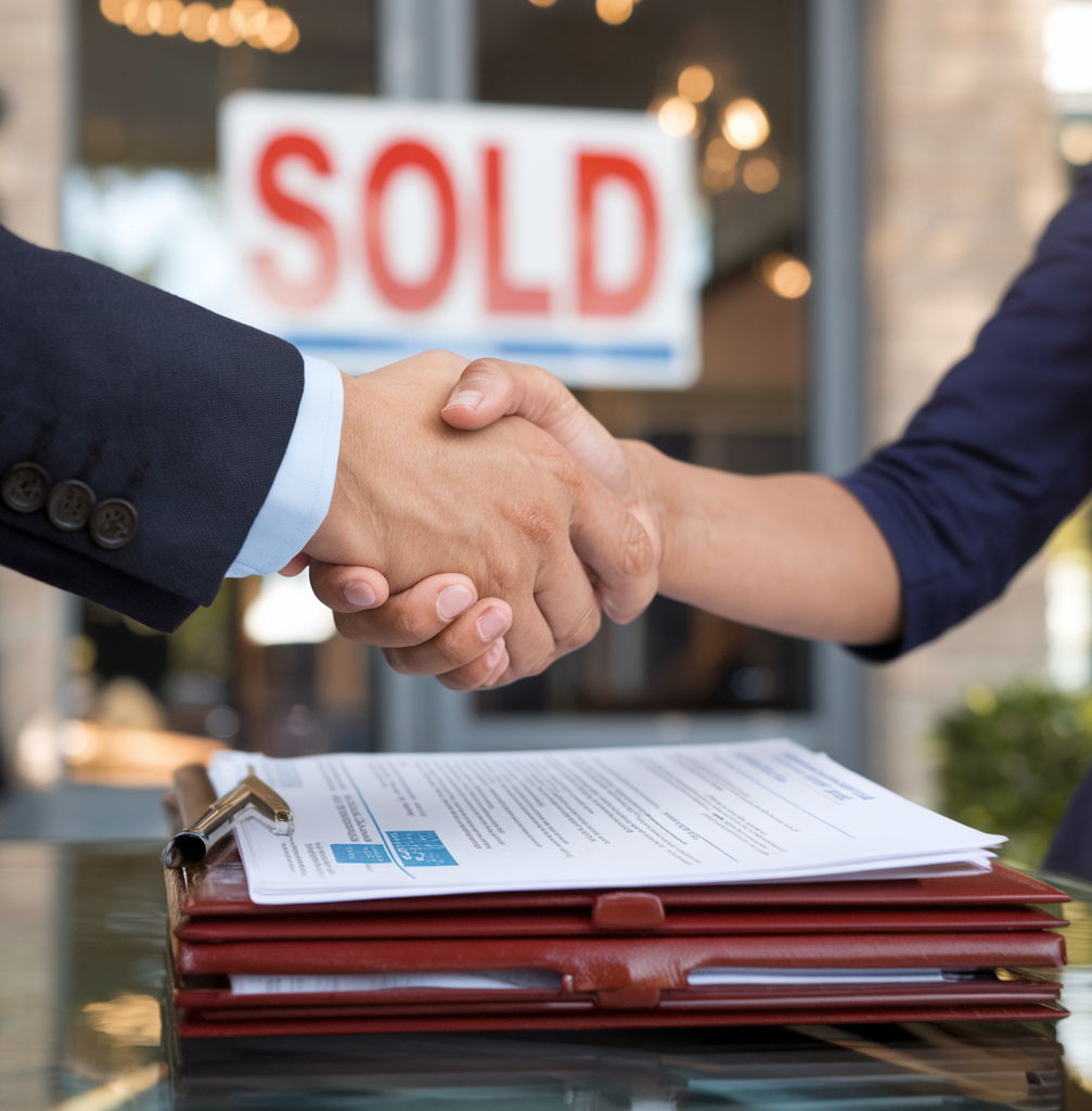 A close-up of hands shaking over a stack of real estate documents, with a 'Sold' sign in the background. This image symbolizes the successful completion of a home sale transaction in Miramar. high focus, sharp, lots of bright light, extra bright, highly detailed, high quality, dslr, film grain, fujifilm XT3, RAW photo, RAW candid cinema, color graded porta 400, depth of field, hyper realistic, natural-looking, expressive, textured skin, texture, 8k, photorealistic
