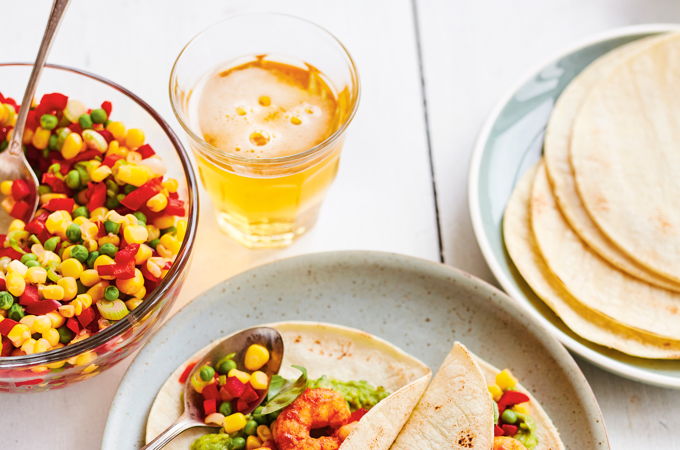 Shrimp Tacos with Corn Salsa and Avocado