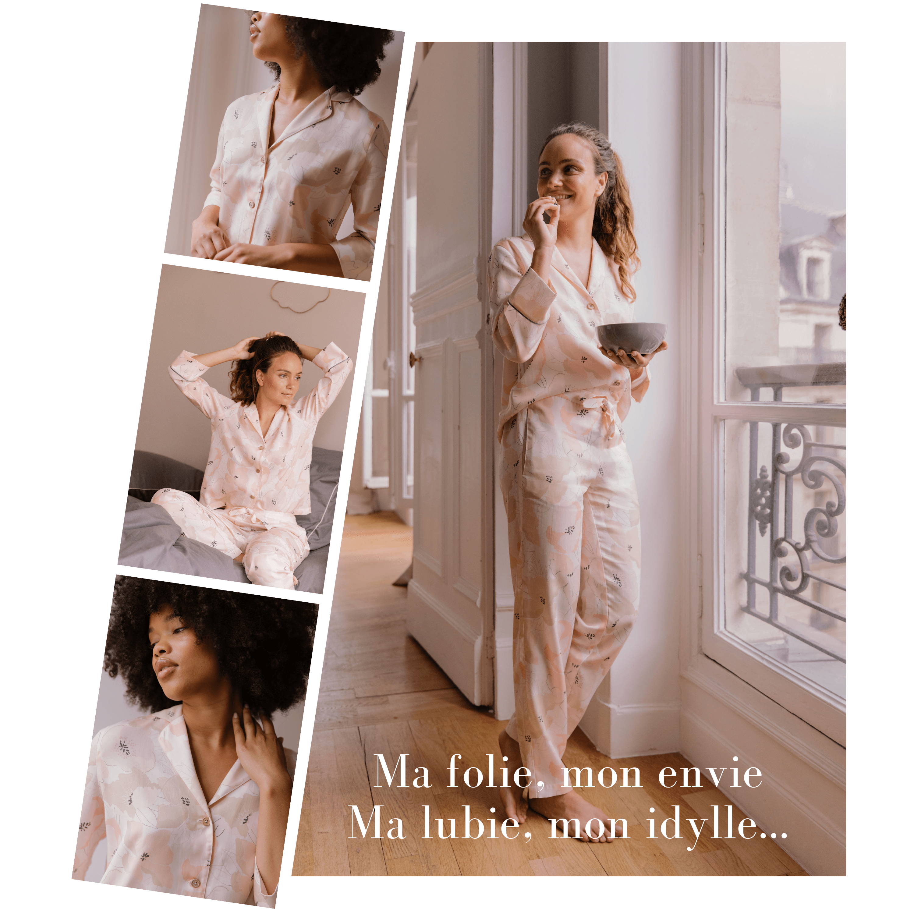 Nêge Paris - Pyjama Divine Idylle chemise pantalon avec un imprimé montrant une composition florale délicate rose poudrée
