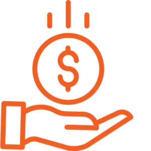 Orange line drawing of an open hand with a dollar coin hovering above it and two lines indicating the coin is being received.