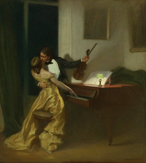 1901 painting LA Sonate à Kreutzer by René-Xavier Priniet which shows a violinist, overcome with passion, breaking off his performance to embrace his female piano accompanist.