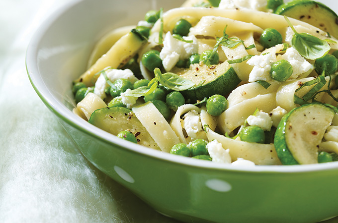 Fettuccine with Peas, Zucchini and Goat Cheese