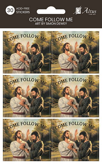 Set of primary resource stickers featuring a painting of Jesus being baptized by John. Text on the stickers reads: "Come Follow Me". 