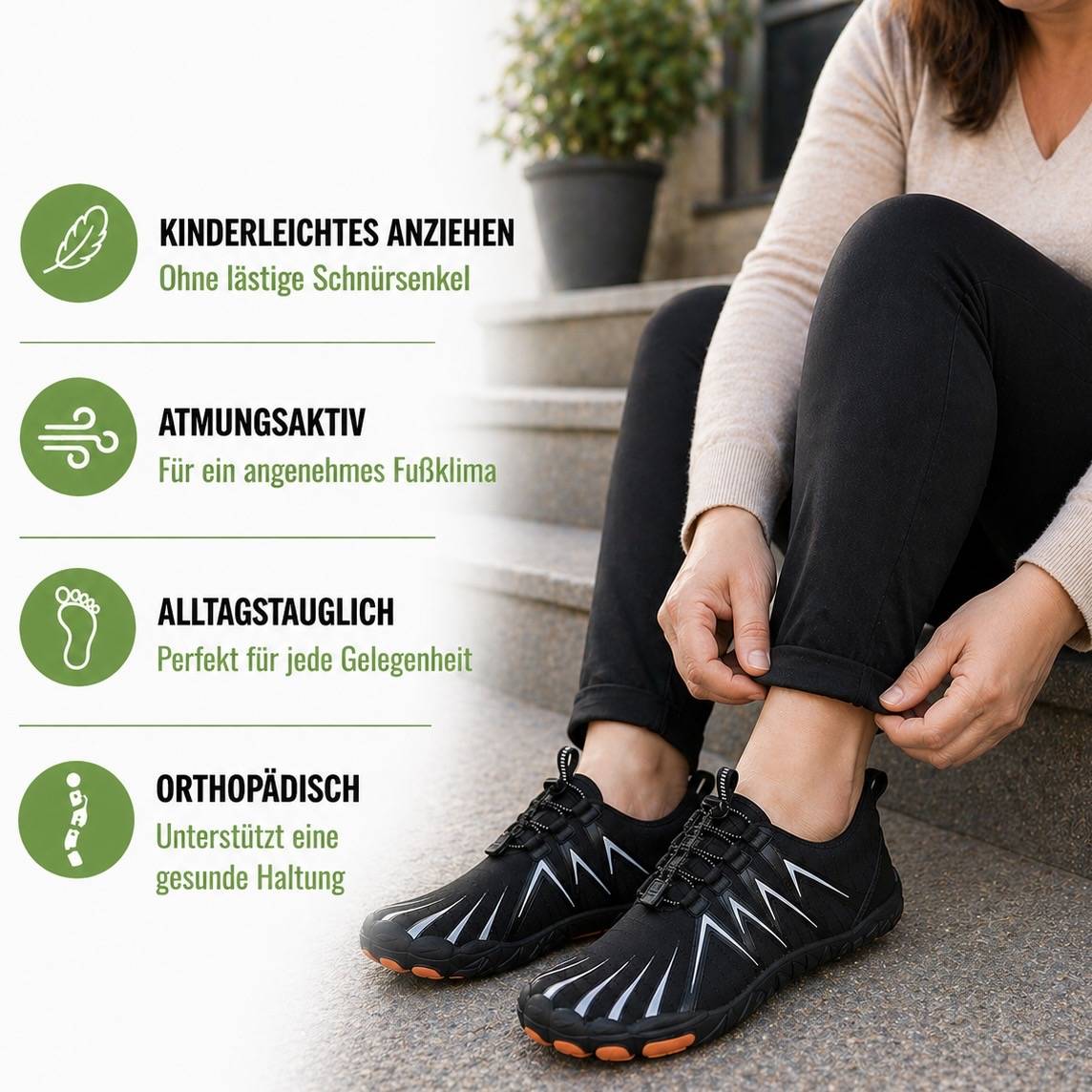 Eine Person sitzt mit ihren Barfußschuhen auf dem Boden