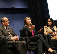 Brian Shenson with Schwab tech chief Neesha Hathi and Naureen Hassan, senior vice president of client experience, at a "Tech Talk" late last year. discussing plans for MarketSquare.