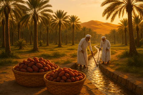 Two men in white robes walk beside an irrigation channel in a date palm grove, with baskets of dates in the foreground and sand dunes at sunset.