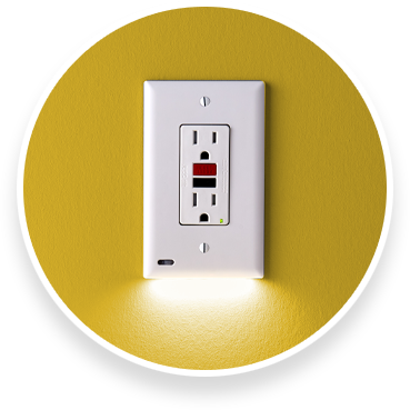 GFCI outlet equipped with an outlight light cover on a yellow wall