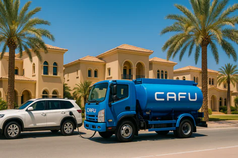 A blue CAFU fuel delivery truck is parked next to a white SUV, refueling it on a street in a residential area with large houses and palm trees.