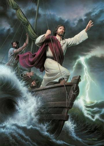 Jesus standing at the front of a boat, arm extended to calm the stormy seas.