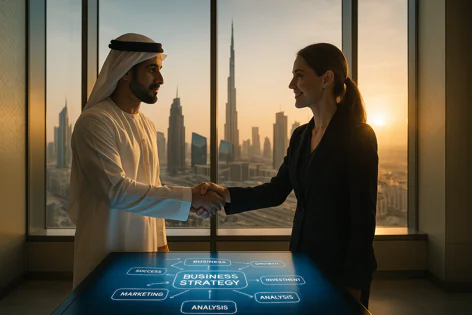 Two diverse business professionals shaking hands in a high-rise office overlooking the Dubai skyline at sunset. A digital table displays a business strategy diagram.