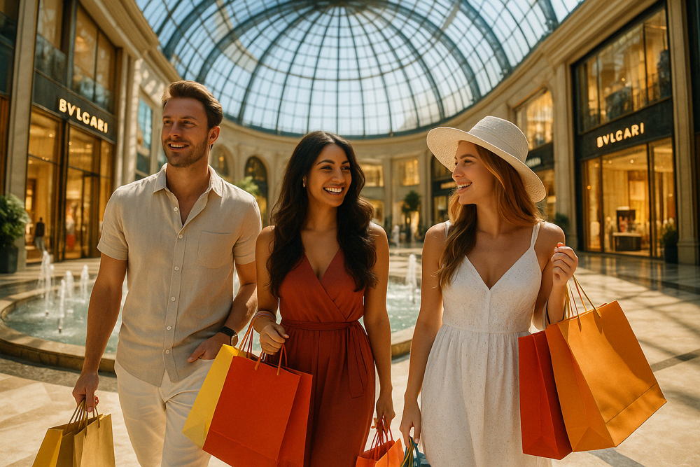 Three happy friends, a man and two women, walk through a luxurious shopping mall with bags, smiling. The mall features a large glass dome, fountain, and high-end stores like Bvlgari.