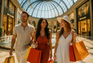 Three happy friends, a man and two women, walk through a luxurious shopping mall with bags, smiling. The mall features a large glass dome, fountain, and high-end stores like Bvlgari.