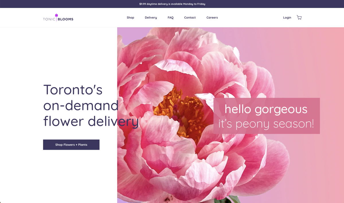 Screenshot of Tonic Blooms, from the florist & flower shop websites collection.