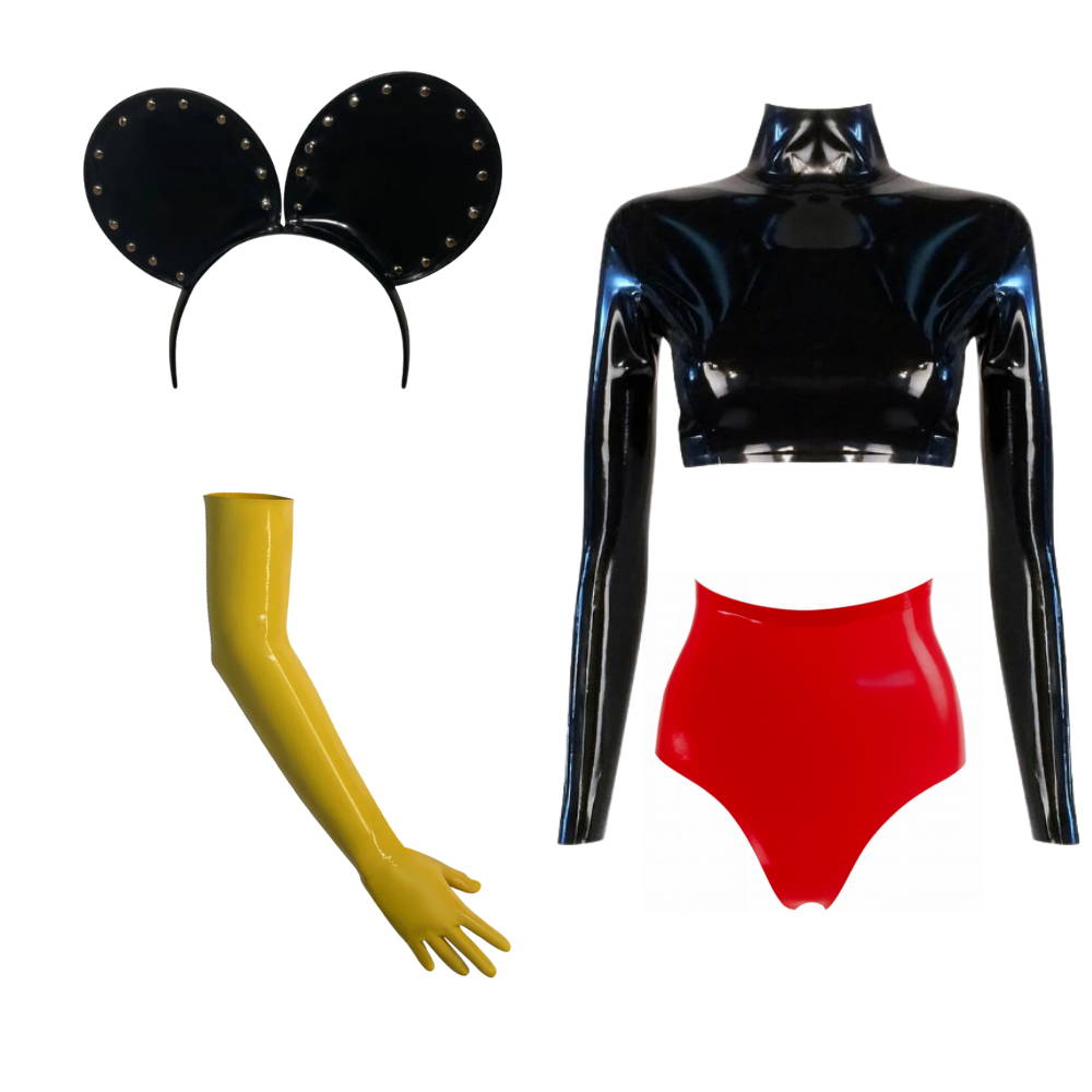 Black latex crop top with long sleeves, red latex high-waisted bottoms, studded black mouse ears headband, and yellow latex glove by Vex Clothing.