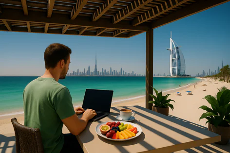 Man working on a laptop at a table overlooking a Dubai beach. Turquoise sea and the skyline with Burj Khalifa and Burj Al Arab are visible. Fruit and coffee nearby.