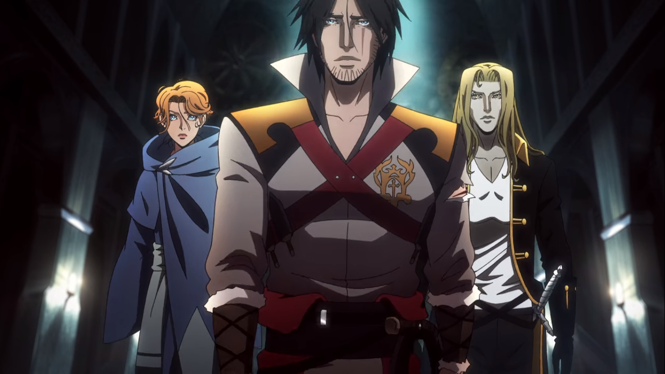 Sypha, Trevor, and Alucard walking down a dark corridor with serious looks.