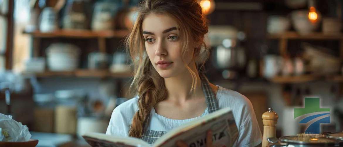 Travel nurse smiling while learning to cook from a gourmet cookbook.