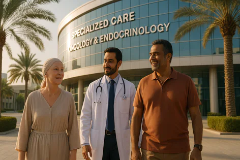 Smiling woman patient with headscarf walks with her doctor and a family member outside a specialized oncology and endocrinology hospital building.