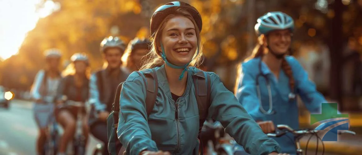 Travel nurses and staff exuberantly participate in a 'bike to work' challenge.
