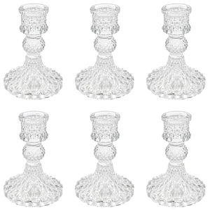 Glass Candlestick Holders Set of 6, Clear Diamond Taper Candle Holders for Table Centerpiece, Home Decorations, Valentine Day, Wedding and Party