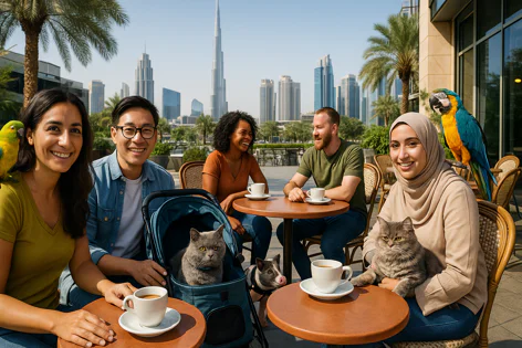 Group of four diverse friends enjoying coffee outdoors with their pets: two cats, a pig, a yellow parrot, and a macaw. Dubai skyline with Burj Khalifa in background.