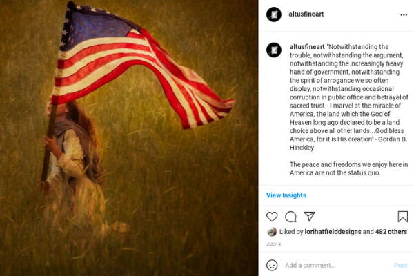 Instagram post featuring an image of a little girl carrying an American flag and running through a field. 