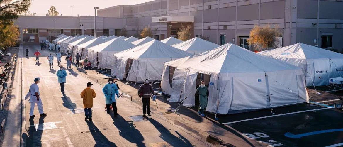 Hospital exterior with COVID-19 triage tents at dawn