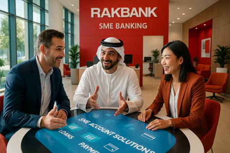 Three diverse professionals, including an Arab man, discussing RAKBANK SME account solutions, loans, and payments at a table.