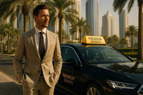 Man in a beige suit standing next to a black luxury car marked "Premium Service" with palm trees and skyscrapers in the background.