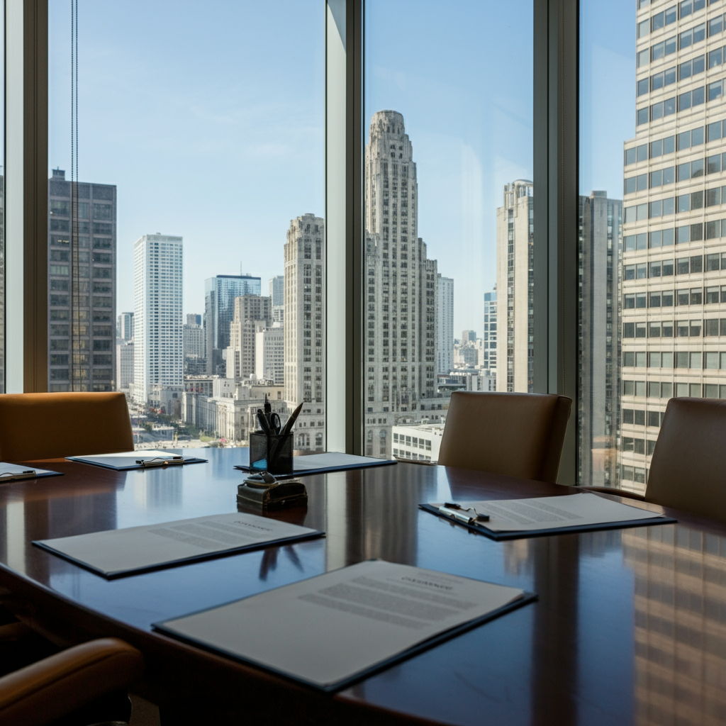 A sophisticated closing meeting in a downtown Chicago law office with floor-to-ceiling windows overlooking the city skyline. Documents are arranged neatly on a polished conference table, representing the contract acceptance phase of the luxury real estate transaction.
