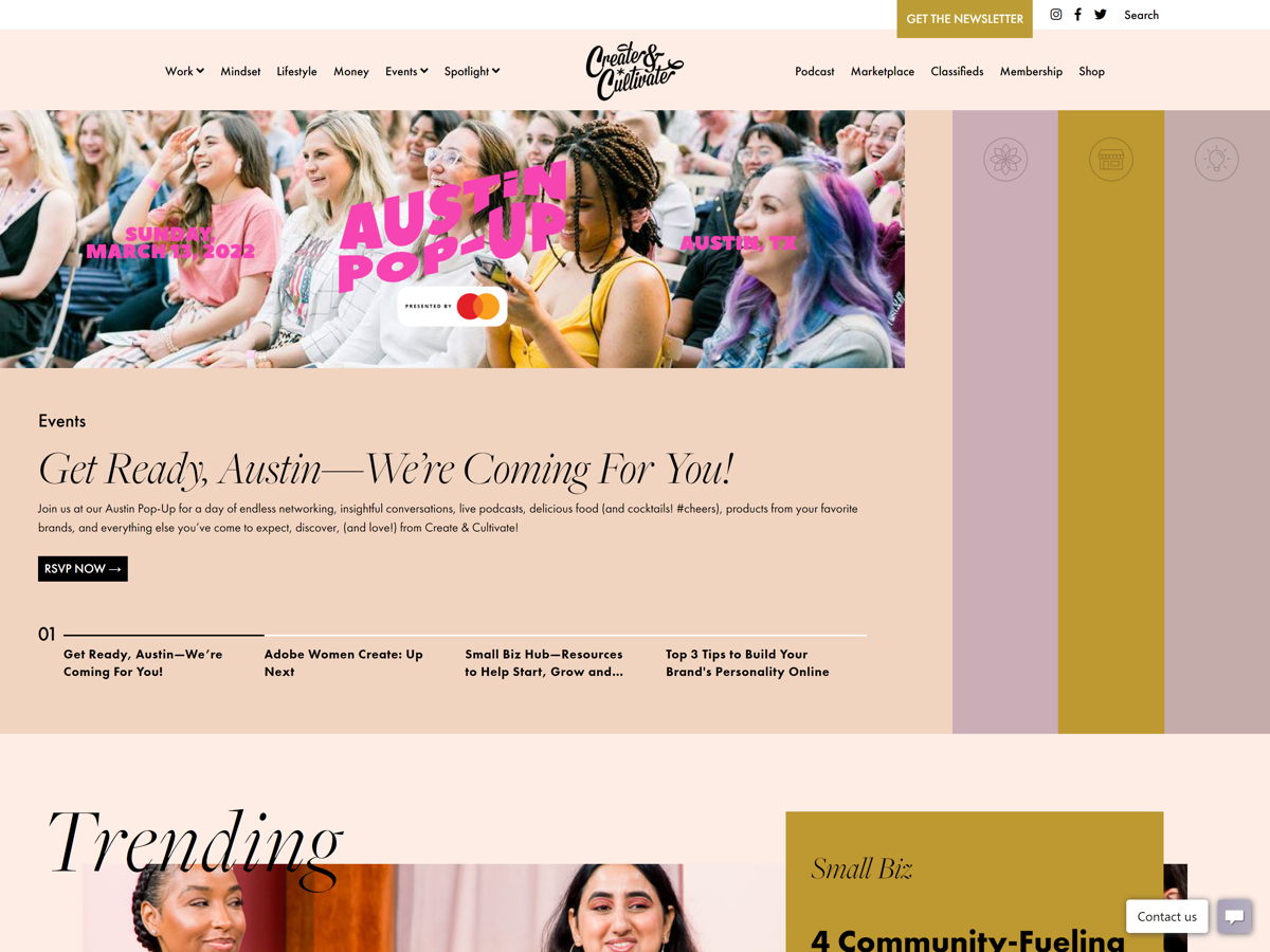 Screenshot of Create + Cultivate, from the blog design examples collection.
