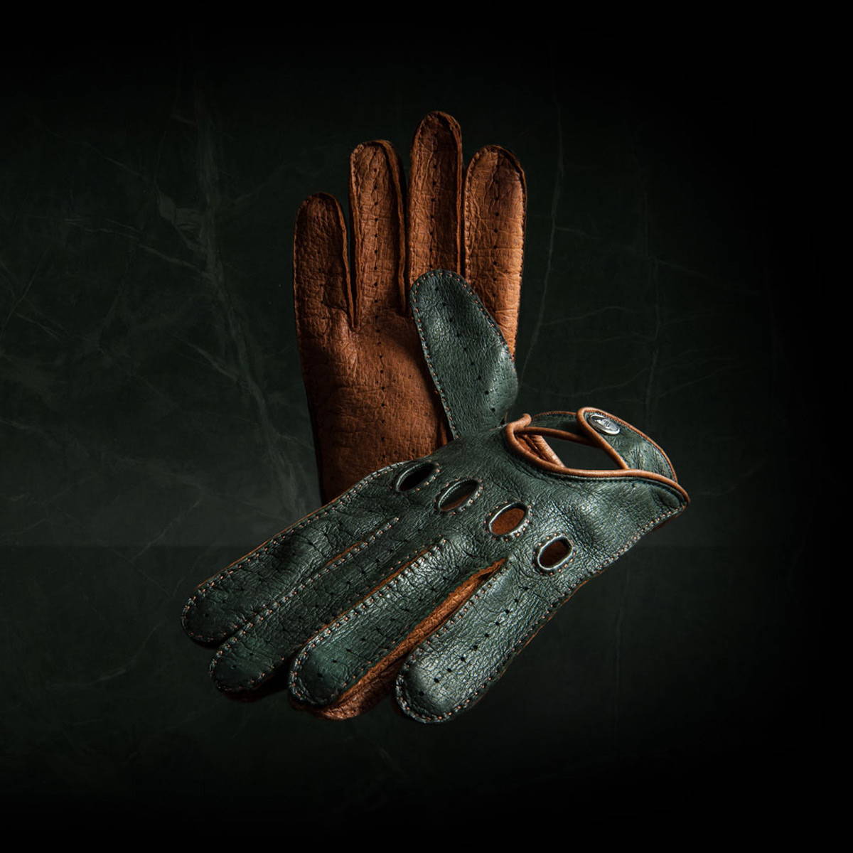 Green brown driving gloves