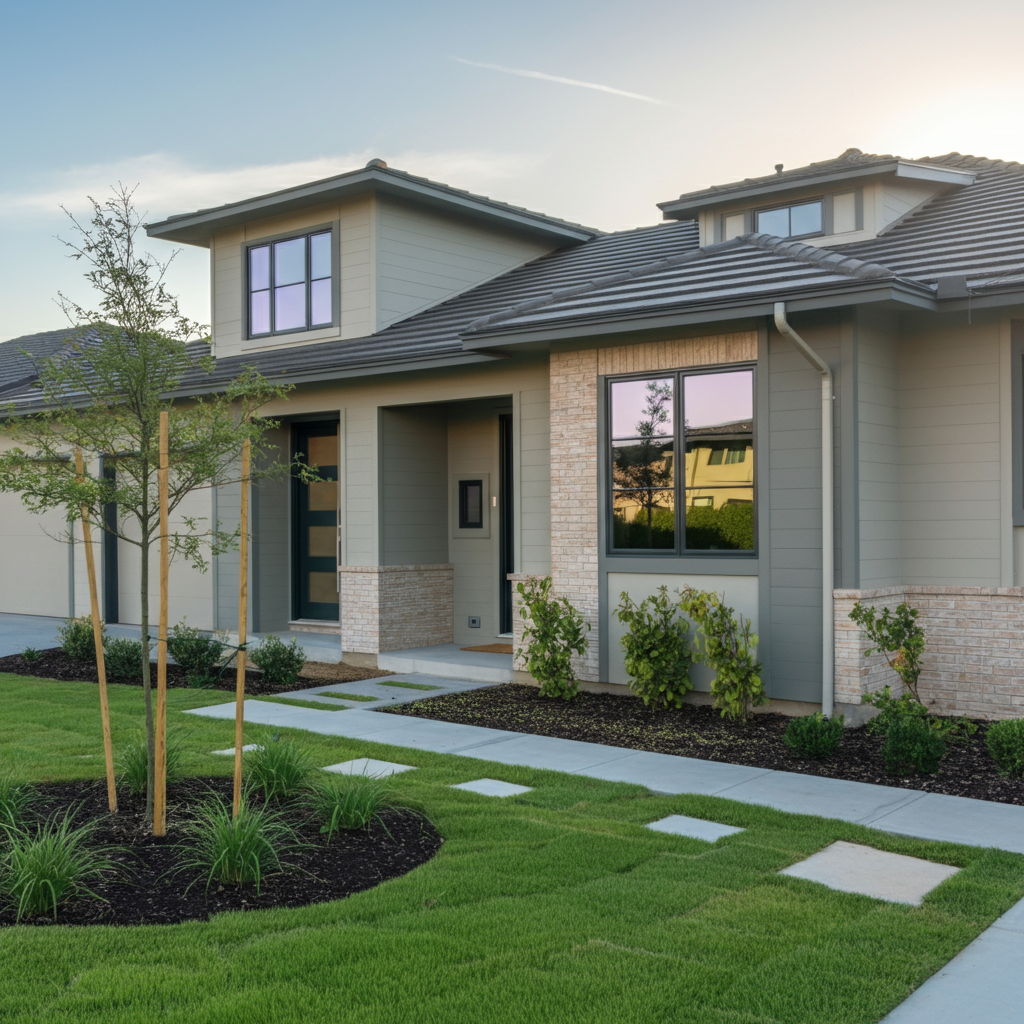 A photographic style image of A newly constructed home's exterior in the morning light, featuring modern design elements and sustainable landscaping that reflects current market preferences. high focus, sharp, lots of bright light, extra bright, highly detailed, high quality, dslr, film grain, fujifilm XT3, RAW photo, RAW candid cinema, color graded porta 400, depth of field, hyper realistic, natural-looking, expressive, textured skin, texture, 8k, photorealistic