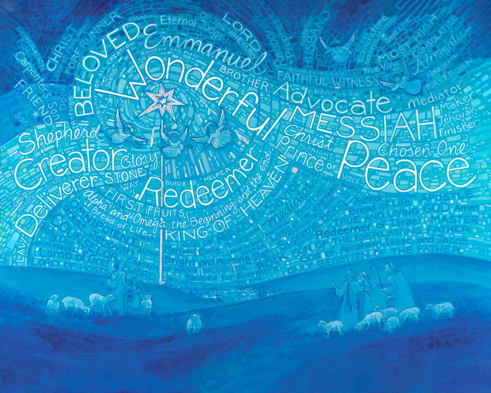 A blue painting of the angels visiting the shepherds. Christ's titles fill the sky.
