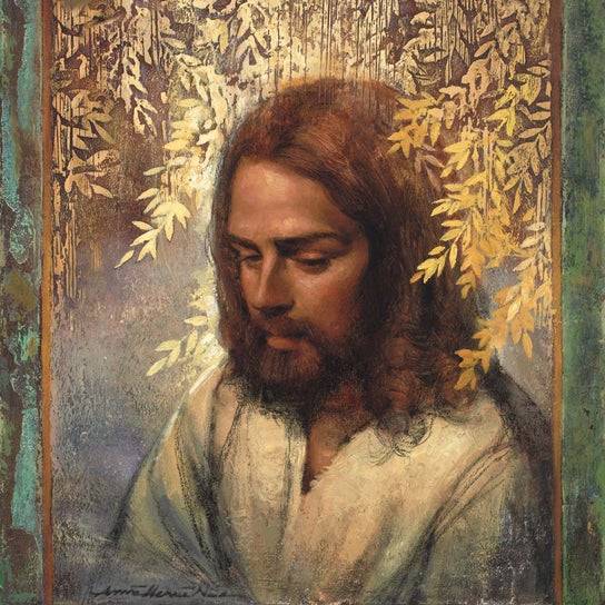 Textured painting of Jesus with a thoughtful expression. Golden leaves surround His head.