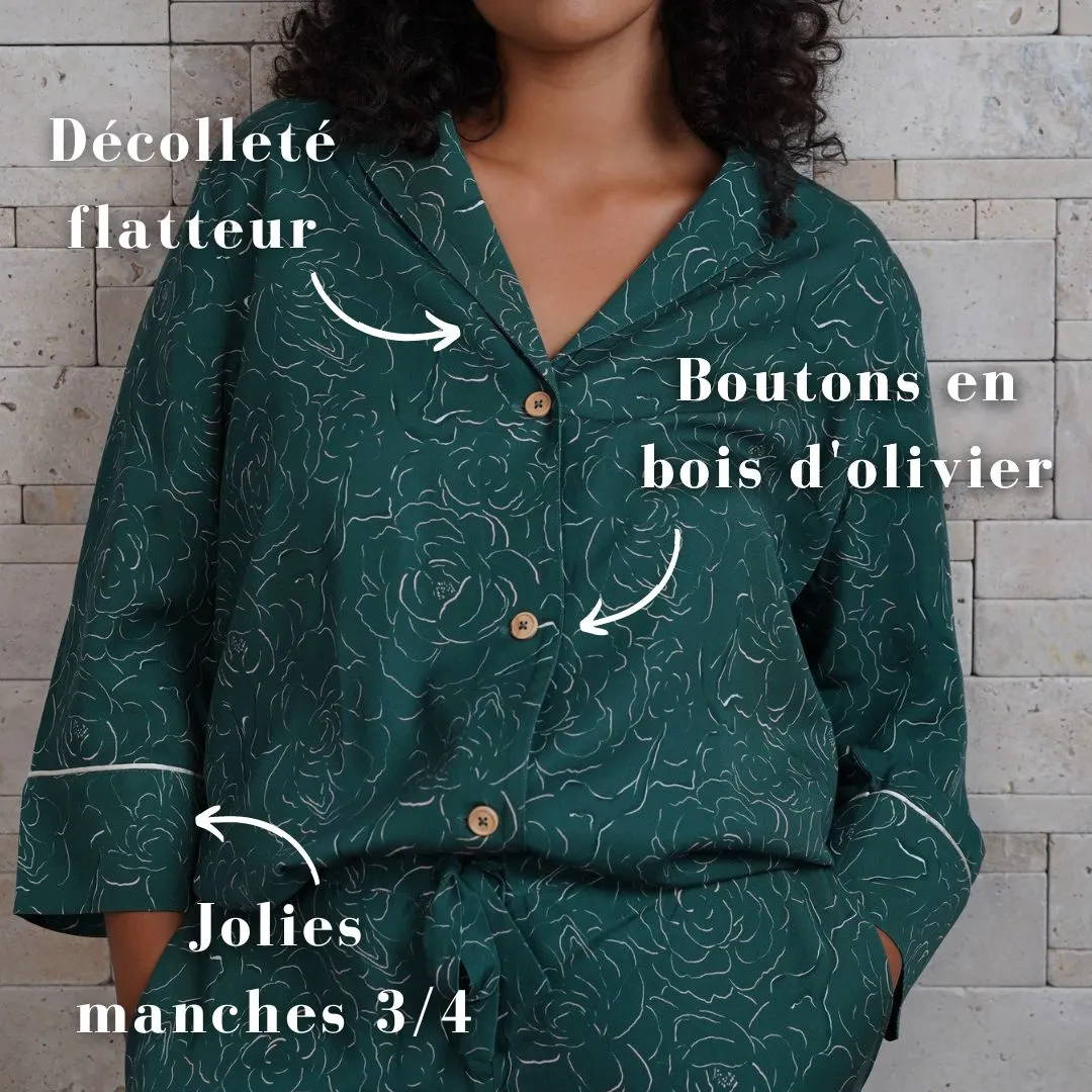 Nêge Paris - Pyjama Rue des Etoiles chemise pantalon vert en tencel lyocell
