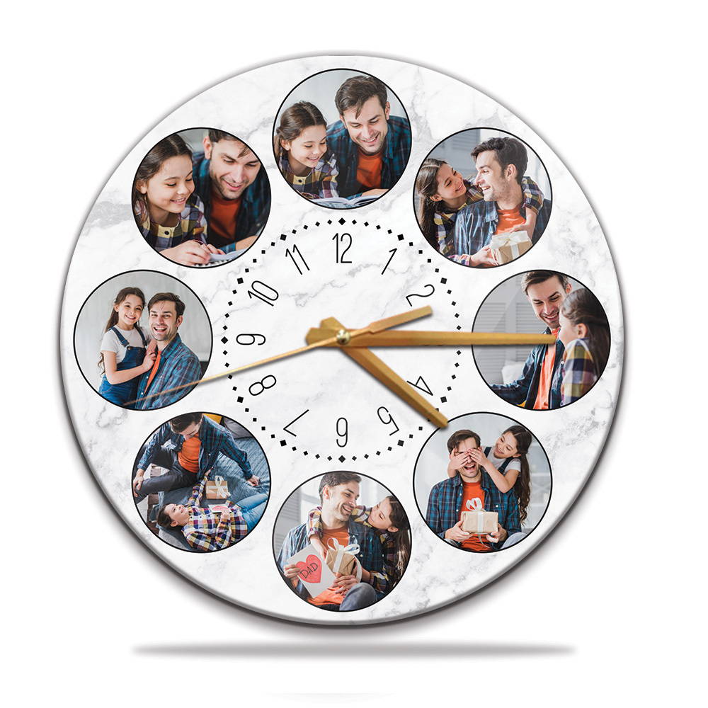 a circle wall clock print photos on a white color marble background and black numbers is the most perfect valentines gift