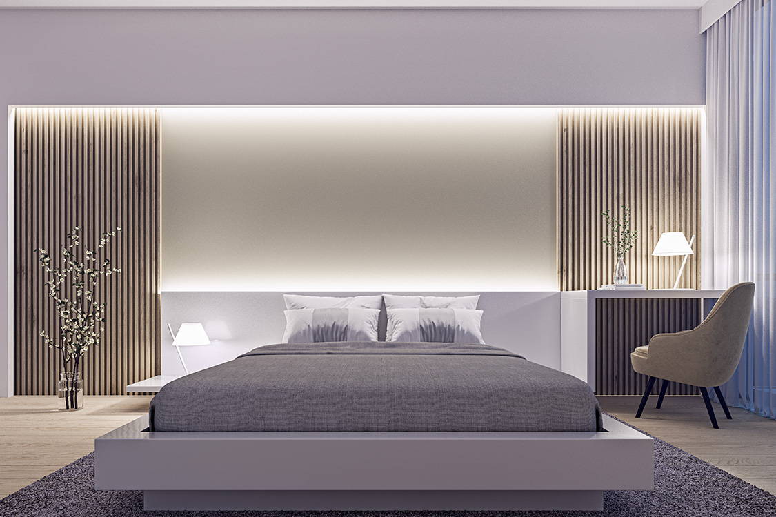 Photo of bedroom, headboard is lit by LED striplights, photo links to blog post how to connect to a dimmable driver